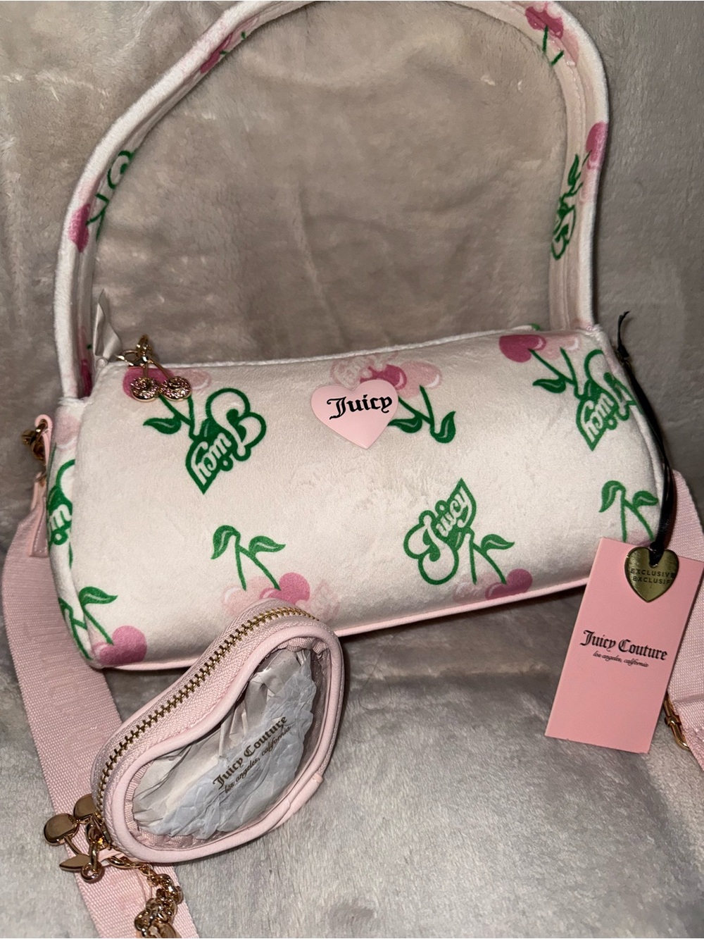 Juicy Couture Pink cherry Logo Shoulder Bag with Heart Charm
